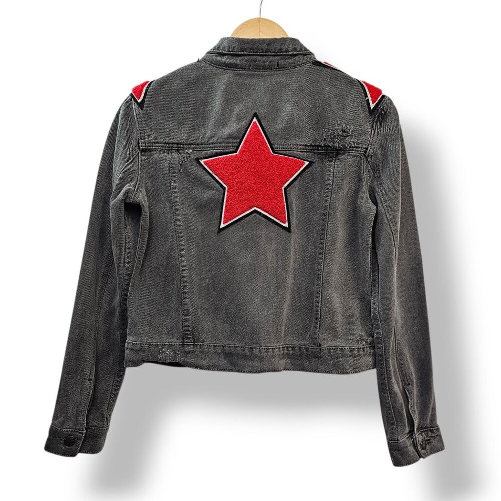Carmar LF Charcoal Gray Faded Black Denim Jacket Red Star Patches M Distressed - Picture 2 of 11